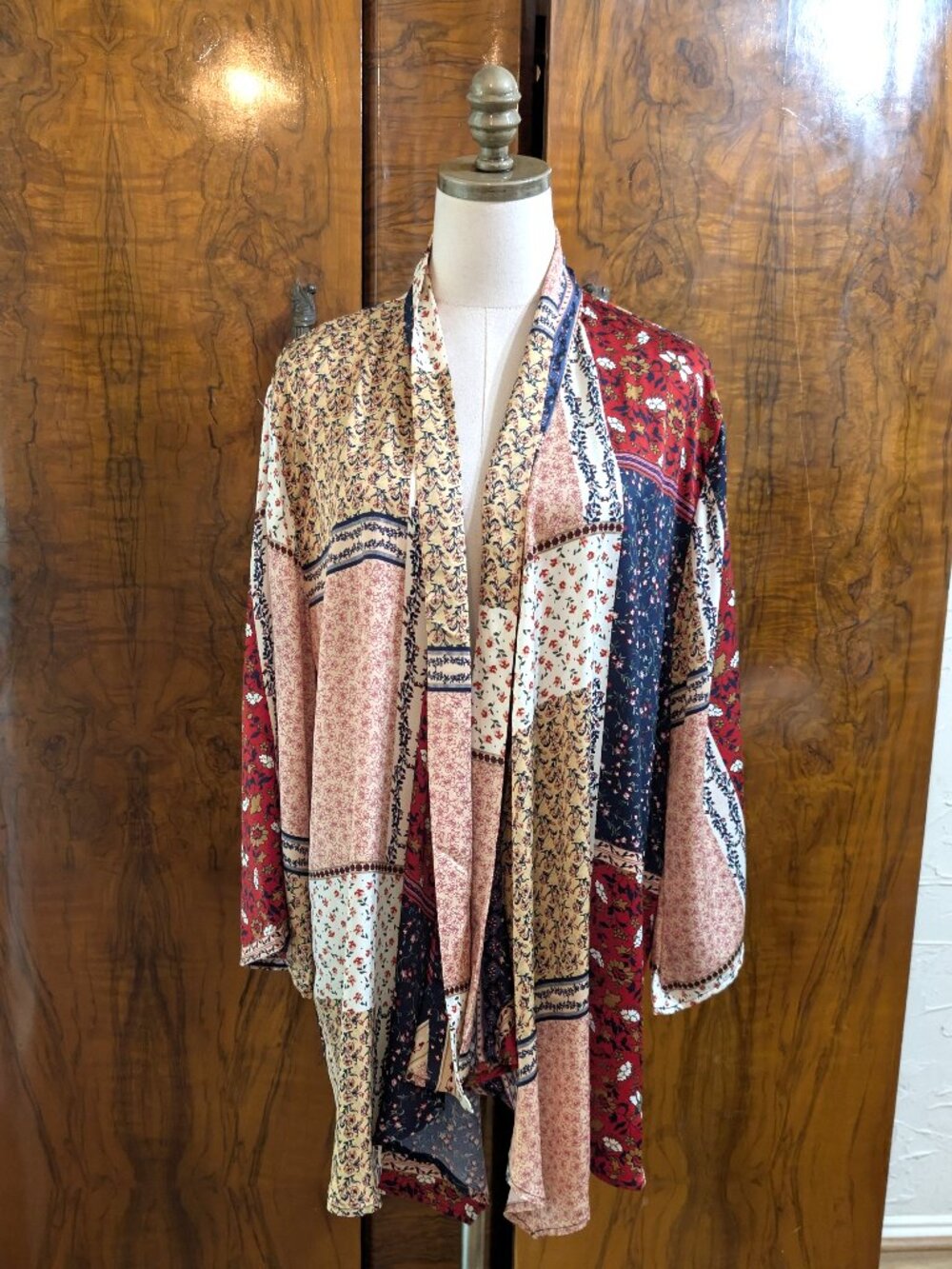 LIOR Paris Patchwork Floral Kimono Cardigan XL Open Front Women's Boho